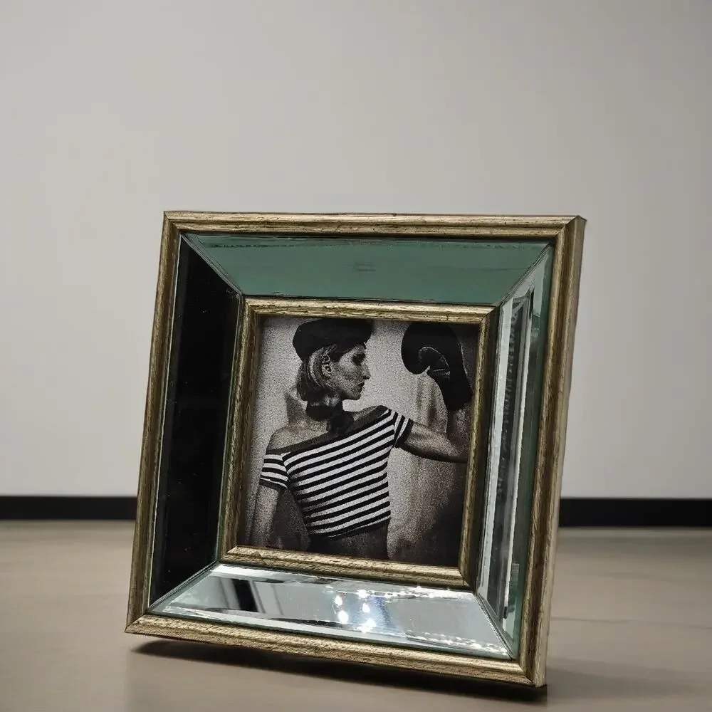 Vintage Silver Beveled Mirror Picture Frame Tabletop or Wall Holds 4x4 Photo